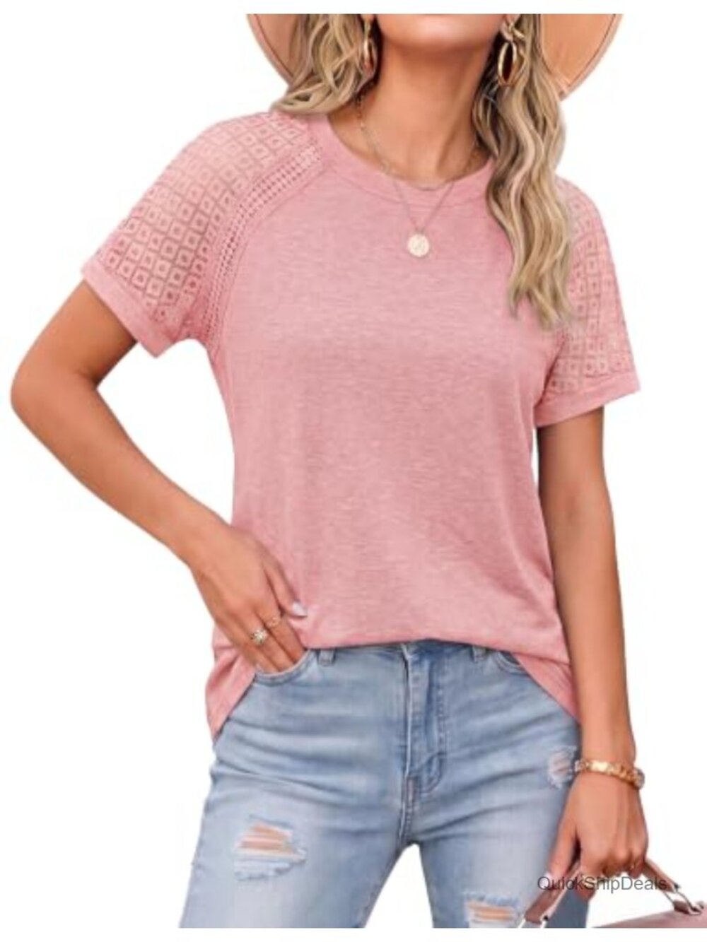 Womens Lace Short Sleeve Top Round Neck Summer Casual Blouse